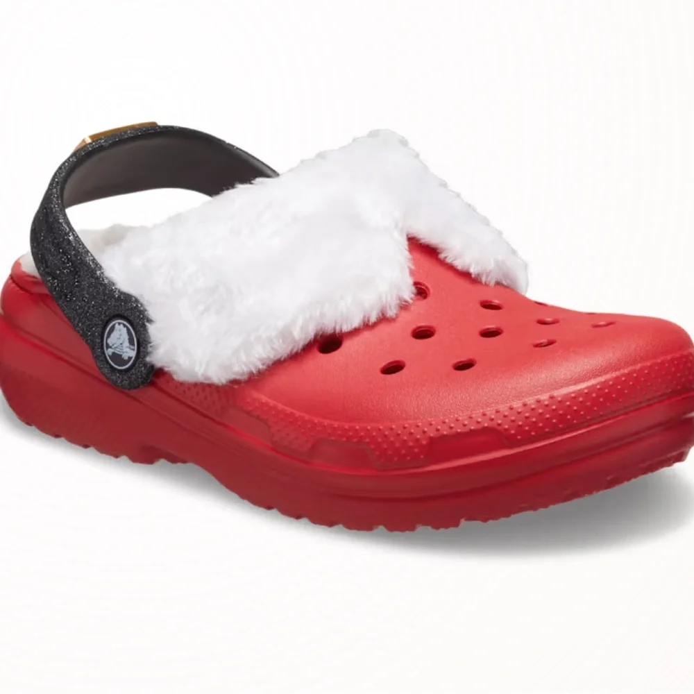 CROCS Classic Lined Santa Christmas‎ Red Clogs White Lining and Black Strap J2